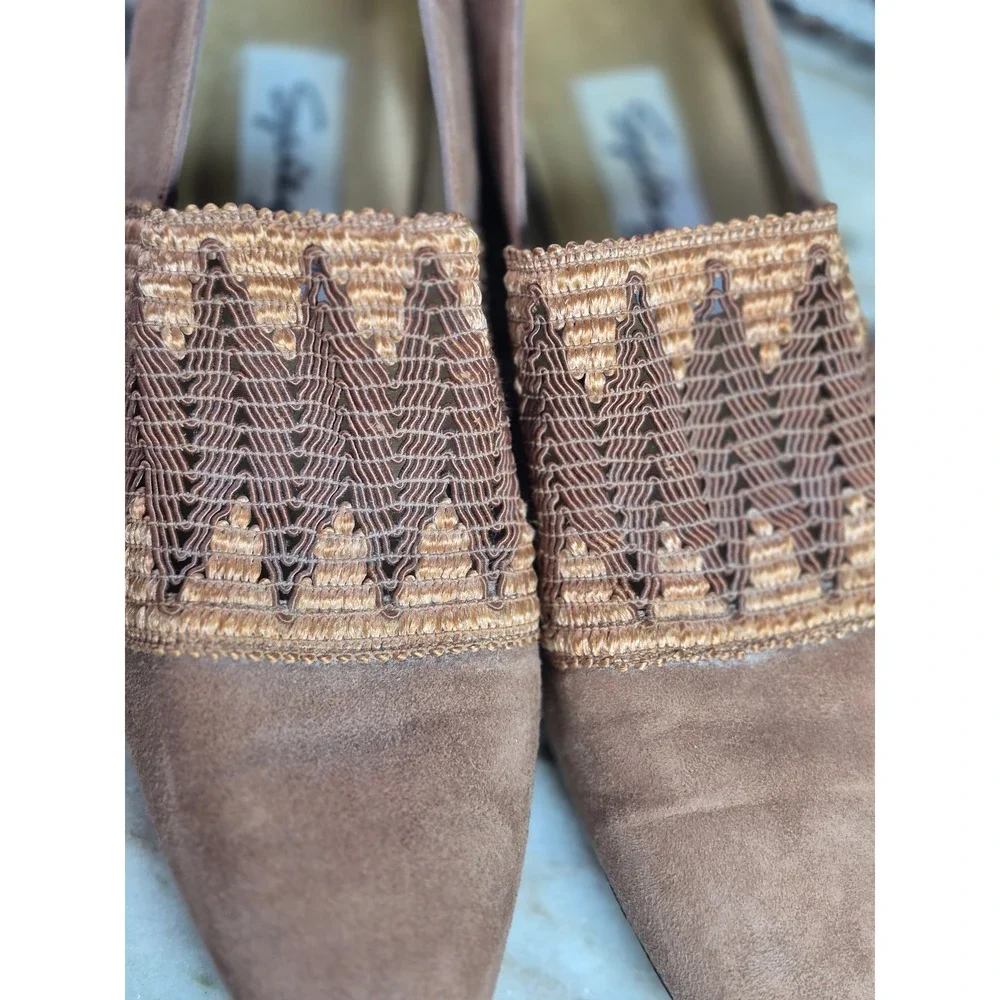 Spiegel Vintage Tan Suede Woven Vamp Pointed Toe Loafers Made in Italy Size 7.5M